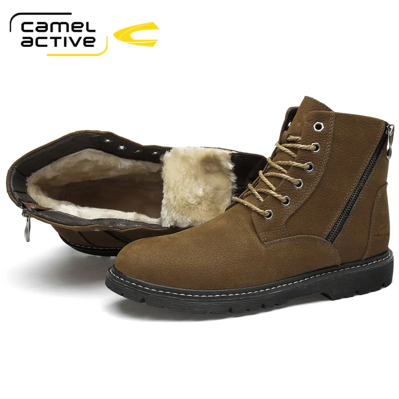 Camel Active Autumn Winter Fashion Snow Boots Cowhide High-top Shoes Men Boots Short Plush Warm Casual Boots Lace-up Men Shoes