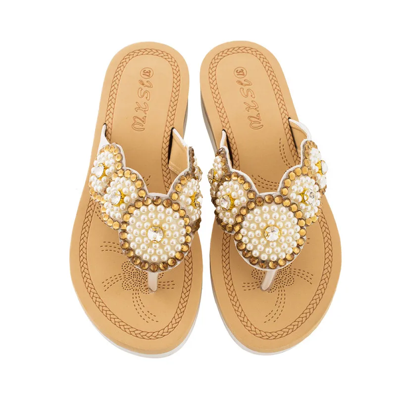 1 Pair Outside Summer Cute Fashion Women Sandals Ladies Flip Flops Comfortable Leisure Pearl Beach Shoes Female Beauty Slippers