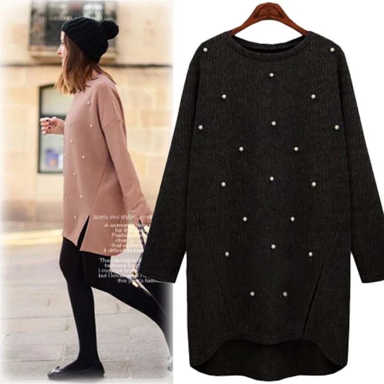 New Round Neck Pullover Knit Sweater Spring Autumn 2023 Medium Long Nail Bead Bottoming  Coat for Large Size Women\'s