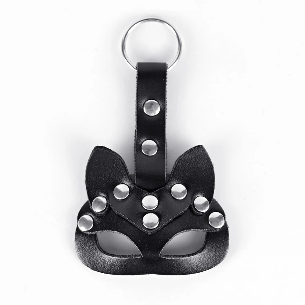 CEA Handmade Leather Car KeyChain Mini Cat Mask Shape Key Button Hollow Out Key Buckle Key Rings Toys Women Belt Pendant