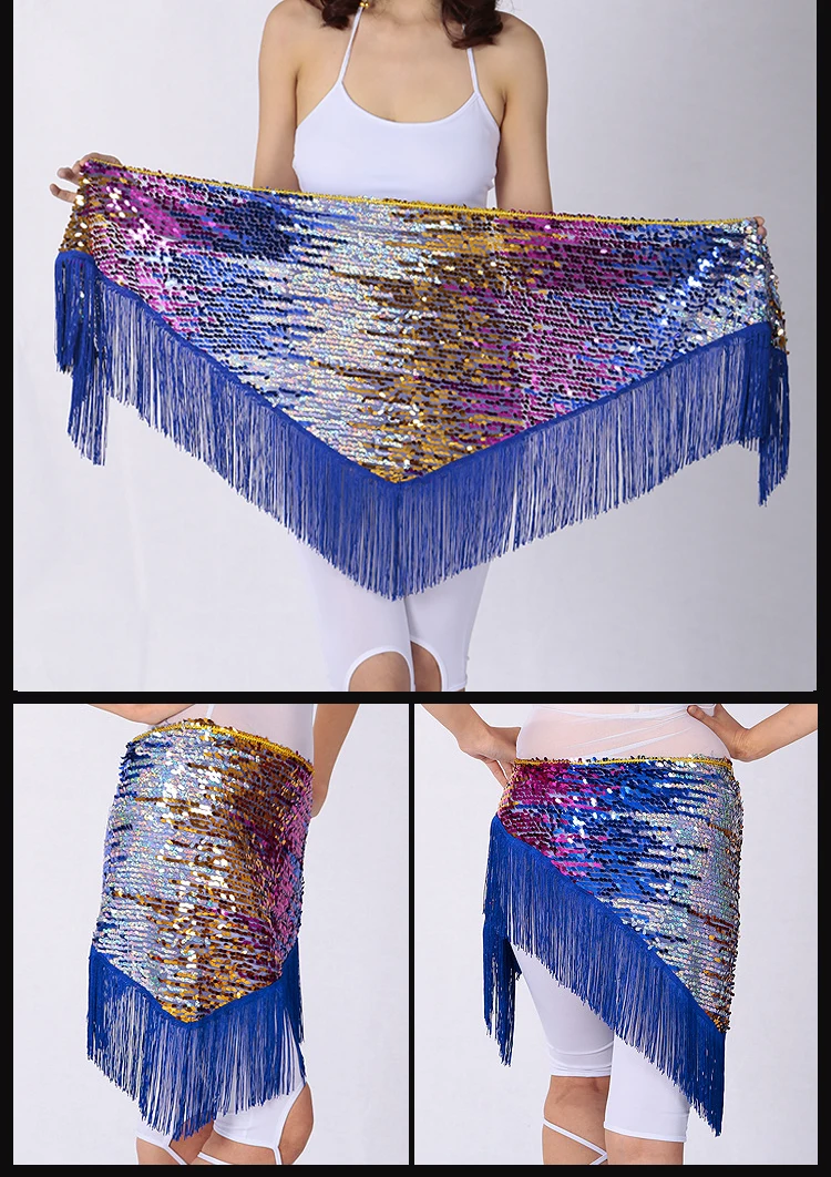 7 colori Accessori per abiti di danza del ventre Cinture lunghe a triangolo con nappa Cintura per fianchi con paillettes per danza del ventre per le donne