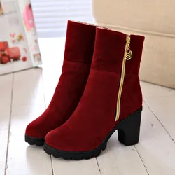 Fashion Ladies Heeled Shoes Women High Heels Boots Brand Woman Winter Shoes Square Heels 8.5cm Women Ankle Boots Black Red A4115