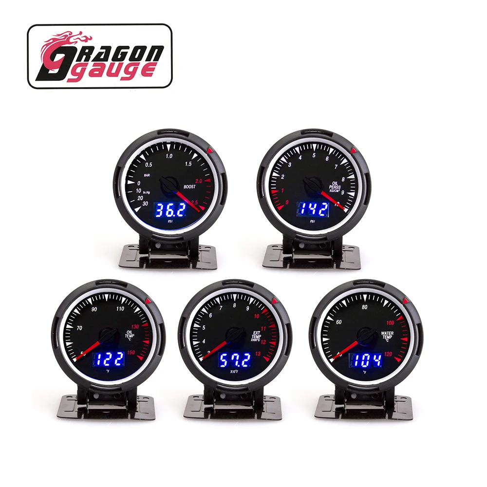 「DRAGON」 60mm Oil Pressure Boost Gauge bar/psi Water Temp Oil Temp Exhaust Temp ℃/℉ Digital Pointer Dual Display Fit for 12V Car