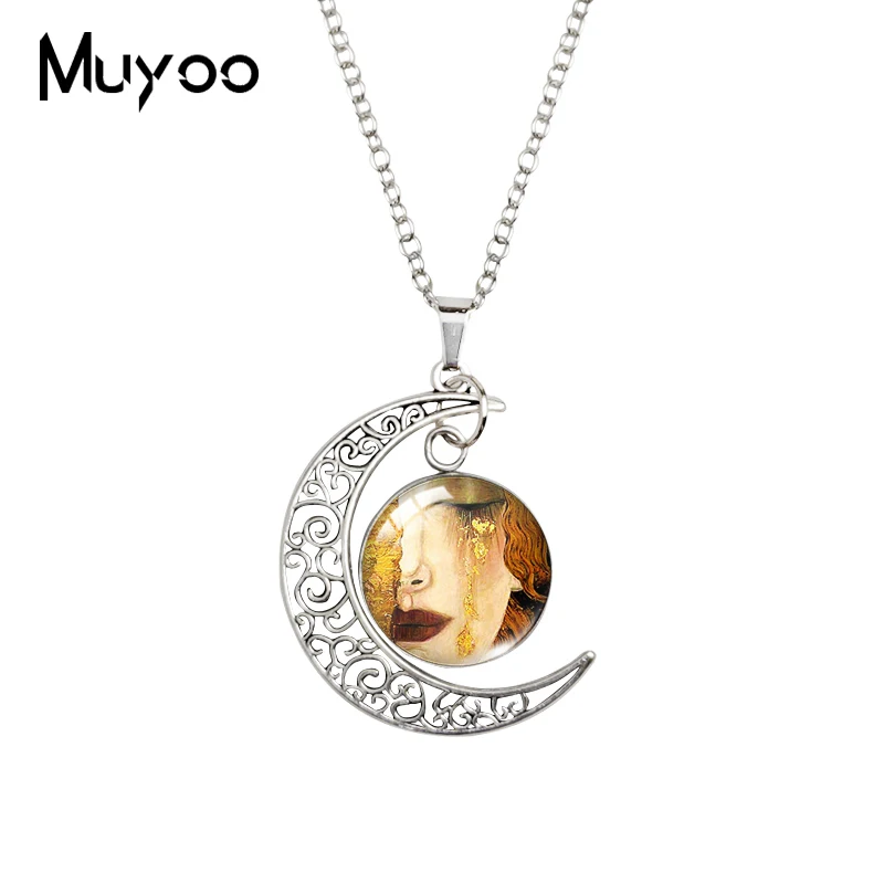 2020 New Golden Tears Moon Necklace Gustav Klimt Kiss Printed Oil Painting Pendant Glass Dome Pendants Jewelry