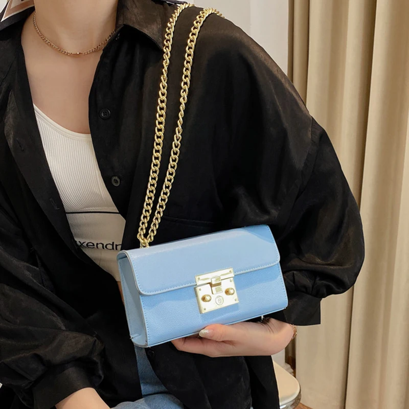 Pure Colors Women Small Square Bags Simple Fashion Metal Buckle Lock Crossbody Shoulder Bags Flap Purses Chain Messenger Bags