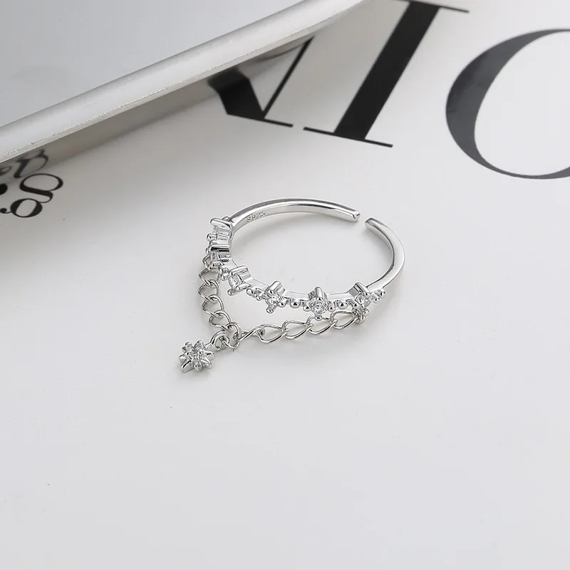 CIAXY Silver Color Double-layer Chain Rings for Women Charming Zircon Star Open Ring Luxury Jewelry Anillos Mujer