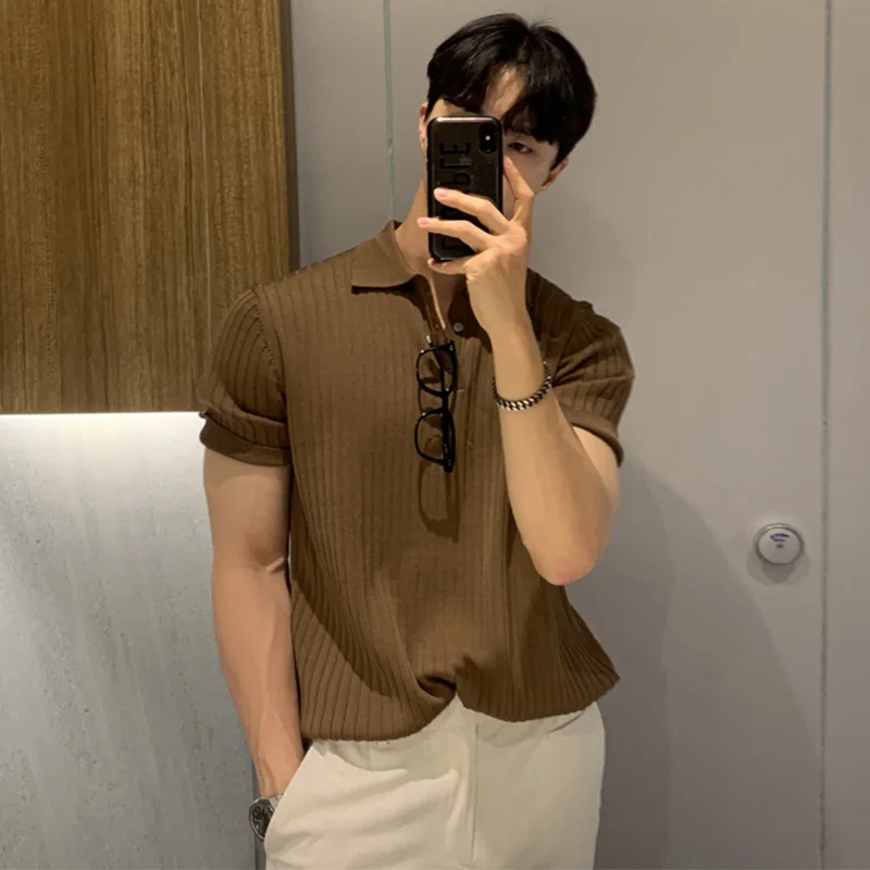 

Hong Kong style lapel polo shirt short-sleeved men's loose casual summer thin solid color sweater t-shirt bottoming shirt