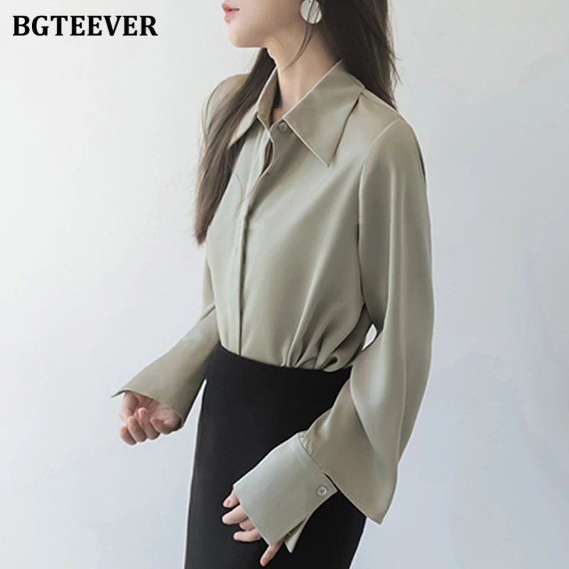 BGTEEVER Elegant Lapel Women Shirts 2022 Spring Summer Office Wear Long Sleeve Loose Single-breasted Female Blouses Tops