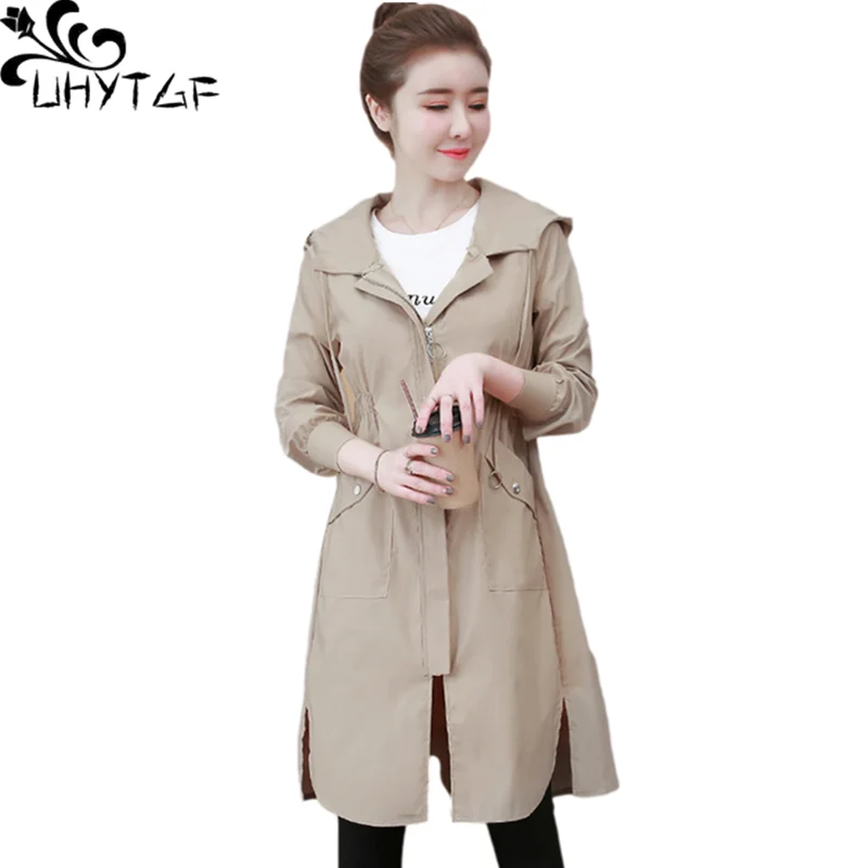 UHYTGF Women Windbreaker Mid-Length Thin Outerwear Fashion Hooded Casual Spring Autumn Trench Coat Female Big Size Clothes 2016