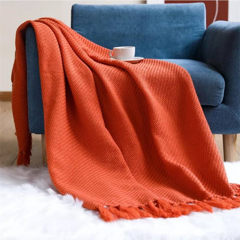 

Knitted Blanket For Travel Airplane Office Nap Knitted Blanket Knitting Wool Solid Sofa Cover Bed Runner With Tassels