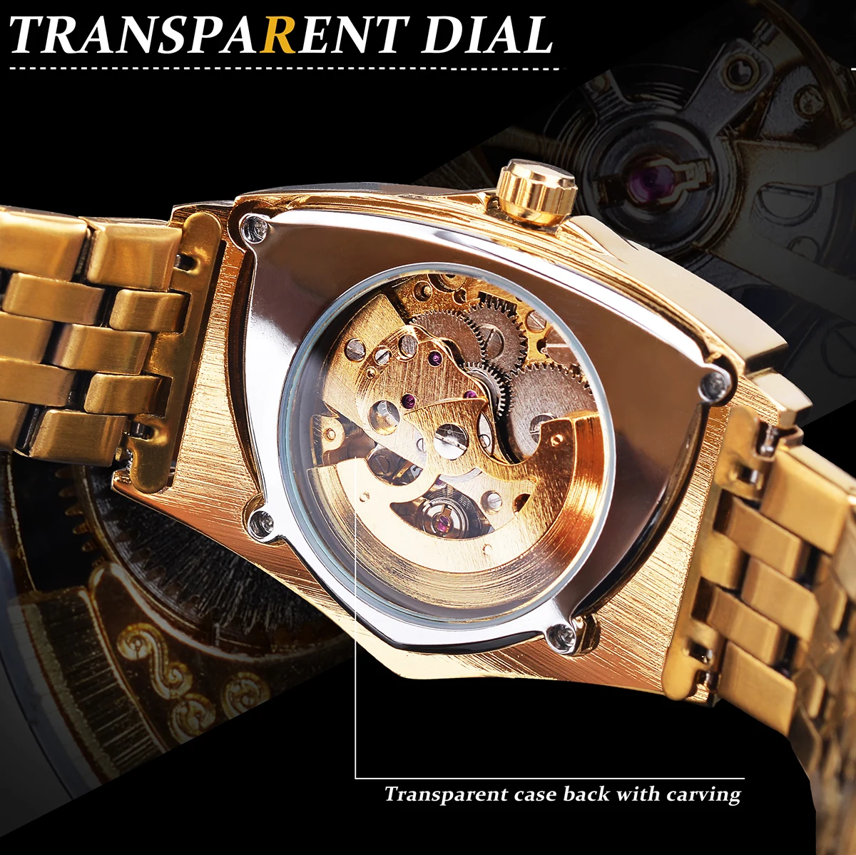 Forsining Golden Luxury Men Mechanical Wristwatch Triangle Automatic Watches Stainless Steel Irregular Watch Hollow Reloj Hombre