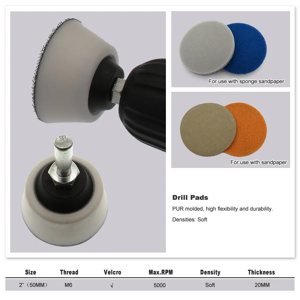 1pcs 50mm Sanding Pad Block Soft Foam Back-up Sanding Pad Hook Loop M6 Thread for Woodworking, Rotary Power Tools Accessories