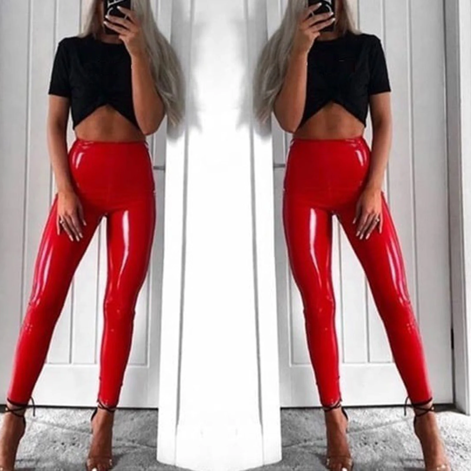 Hot Women Autumn Winter Stretchy Faux Leather Long Pants High Waist Skinny Trousers Slim PU Female Pencil Pants