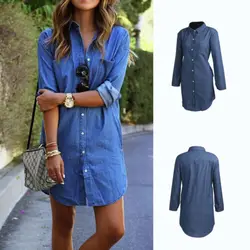 Women Denim Dresses Autumn Fashion Turn Down Collar Mini Dress Lapel Long Tops Shirt Ladies Long Sleeve Holiday Mini Dress S-2XL