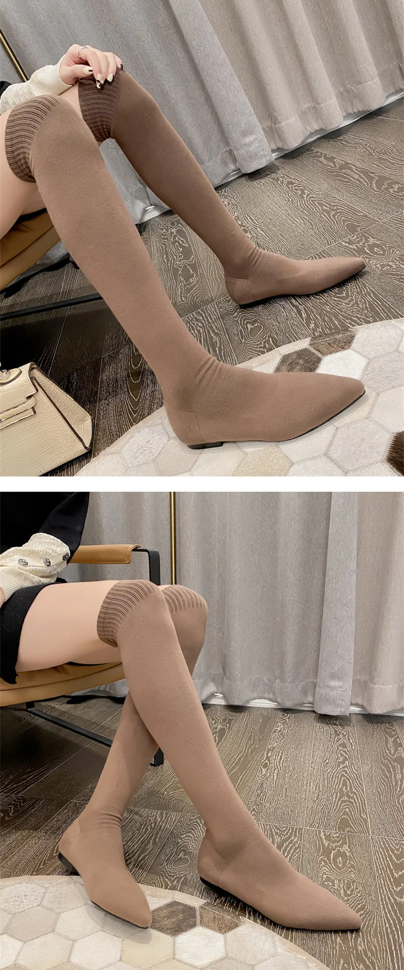 Size 34-40 Fashion Slim Leg Thigh High Sock Boots Women Black Stretch Fabric Pointed Toe Flat Heels Over The Knee Slip On Shoes