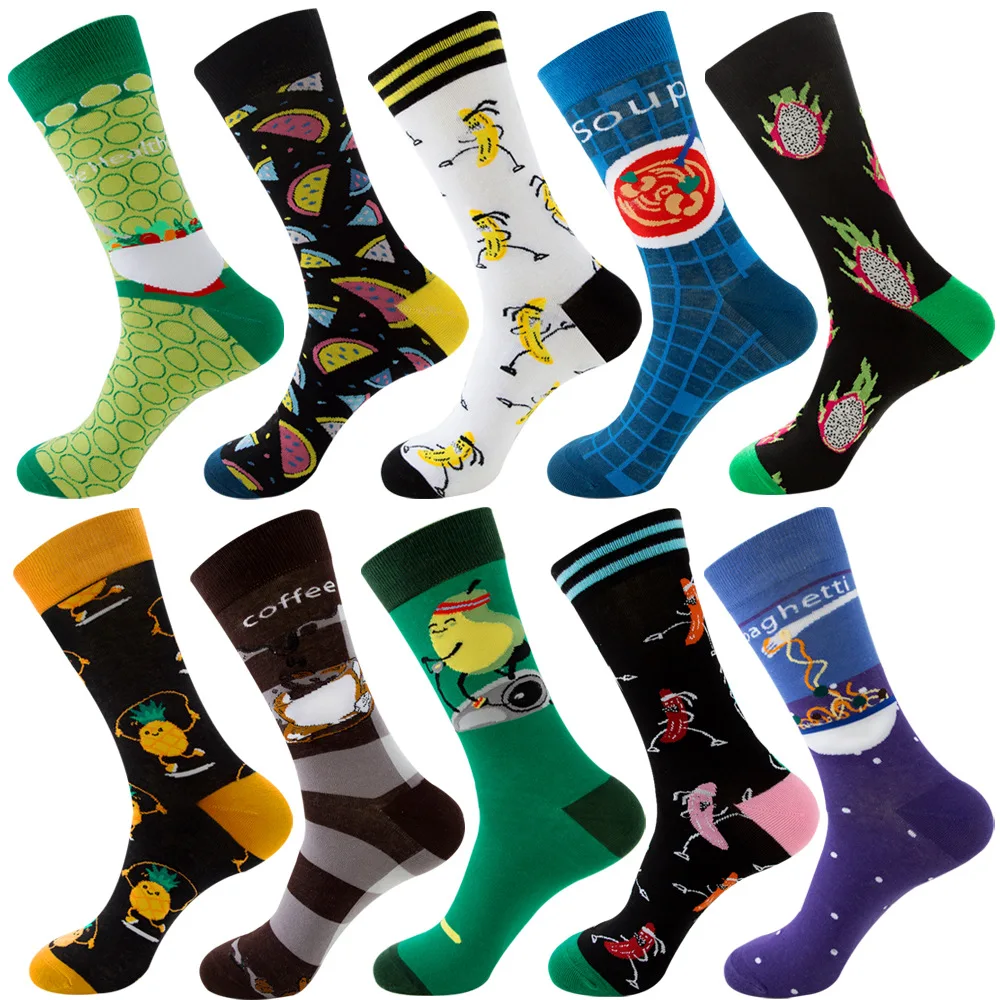 20 Pieces Funny Men Socks Novelty Happy Striped Plaid Food Fruits Cotton Men Socks Harajuku Skateboard Party Dress Socks