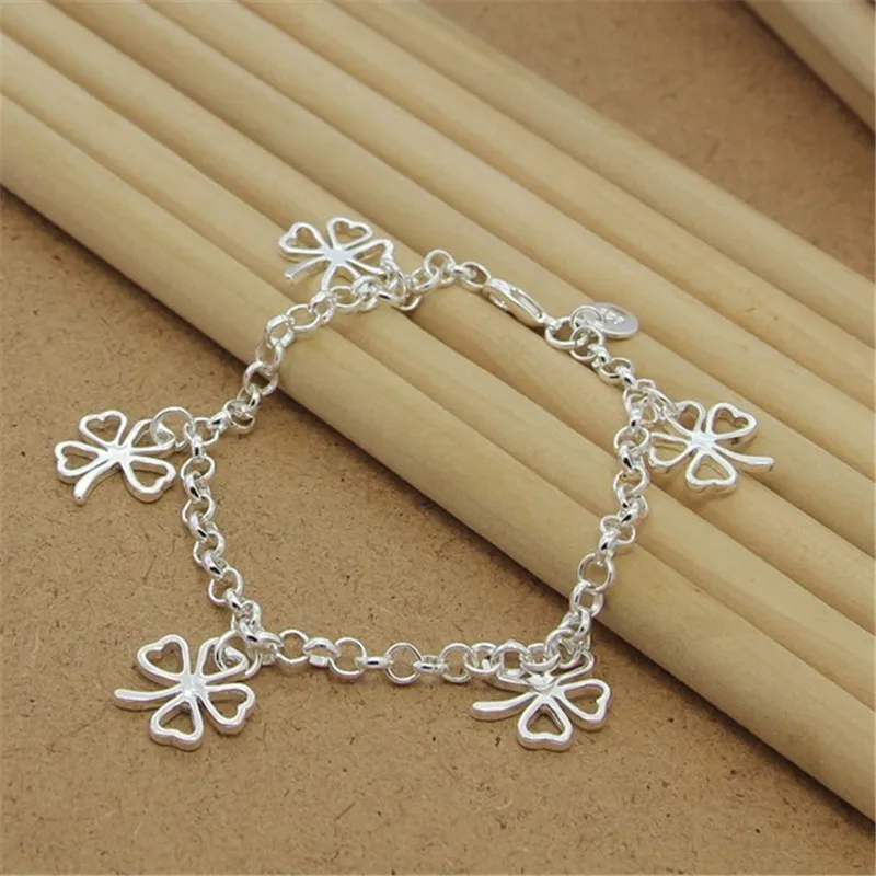 High Quality 925 Sterling Silver Bracelet Four Leaf Clover Bracelet 8 Inches For Women & Men Party Charm Jewelry Gifts