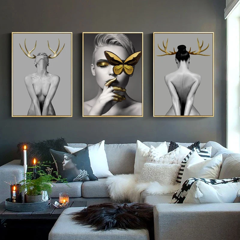 Nordic Antlers girls Figuars wall art Canvas Painting Prints Posters Black White Nude art Pictures for Living Room Morden Decor