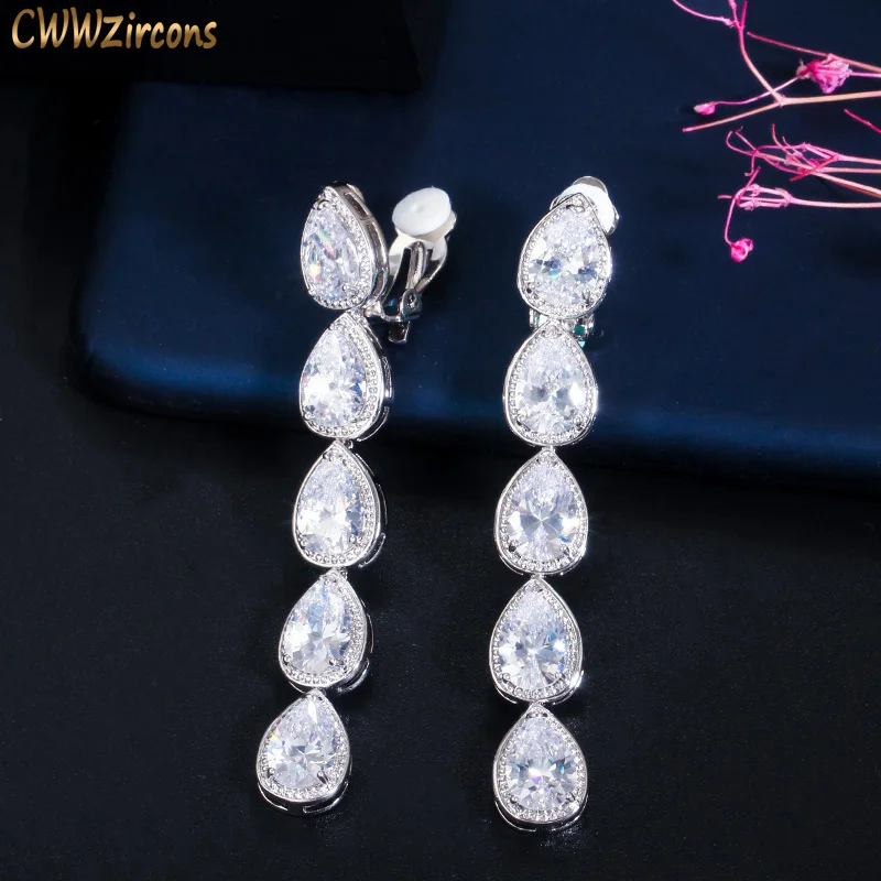 CWWZircons Non Pierced Long Dangle CZ Crystal Water Drop Clip On Earrings for Women Engagement Party Wedding Jewelry Gift EJ0024