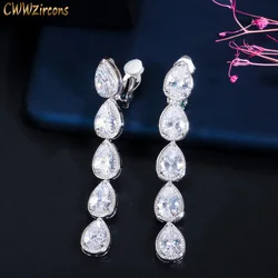 CWWZircons Non Piercing Ear Design Long Dangle CZ Crystal Clip On Earrings No Pierced Women Wedding Party Costume Jewelry CZ713