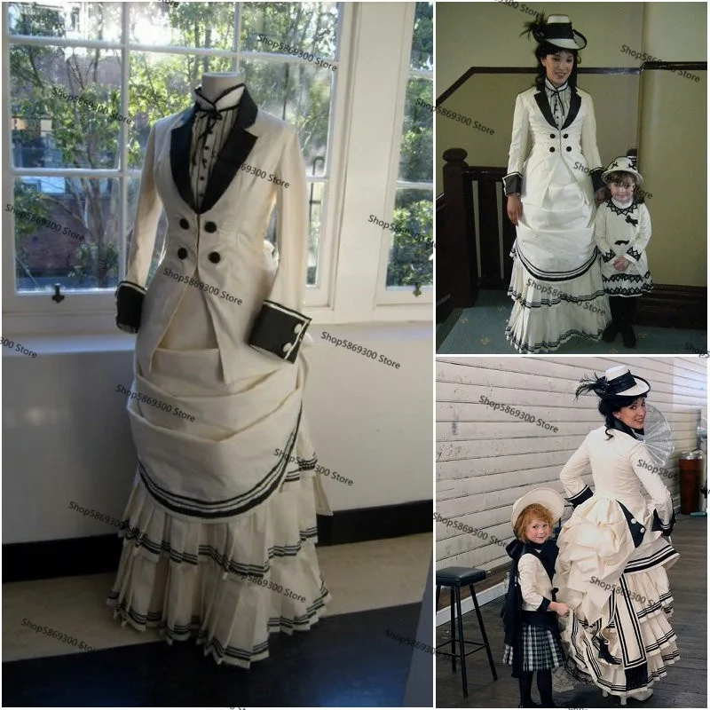 Historical Civil War Southern Evening Formal Dresses with Long Sleeve Black White Victorian lady's Edwardian Lace-up Prom Gowns