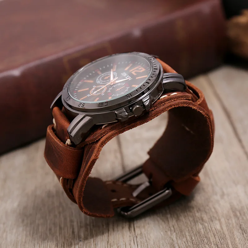 2023 Cowhide Strap Relógios Homens Estilo Punk Moda Retro Wide Leather Band Watch Preto Big Dial Wristwatch Men Bangles