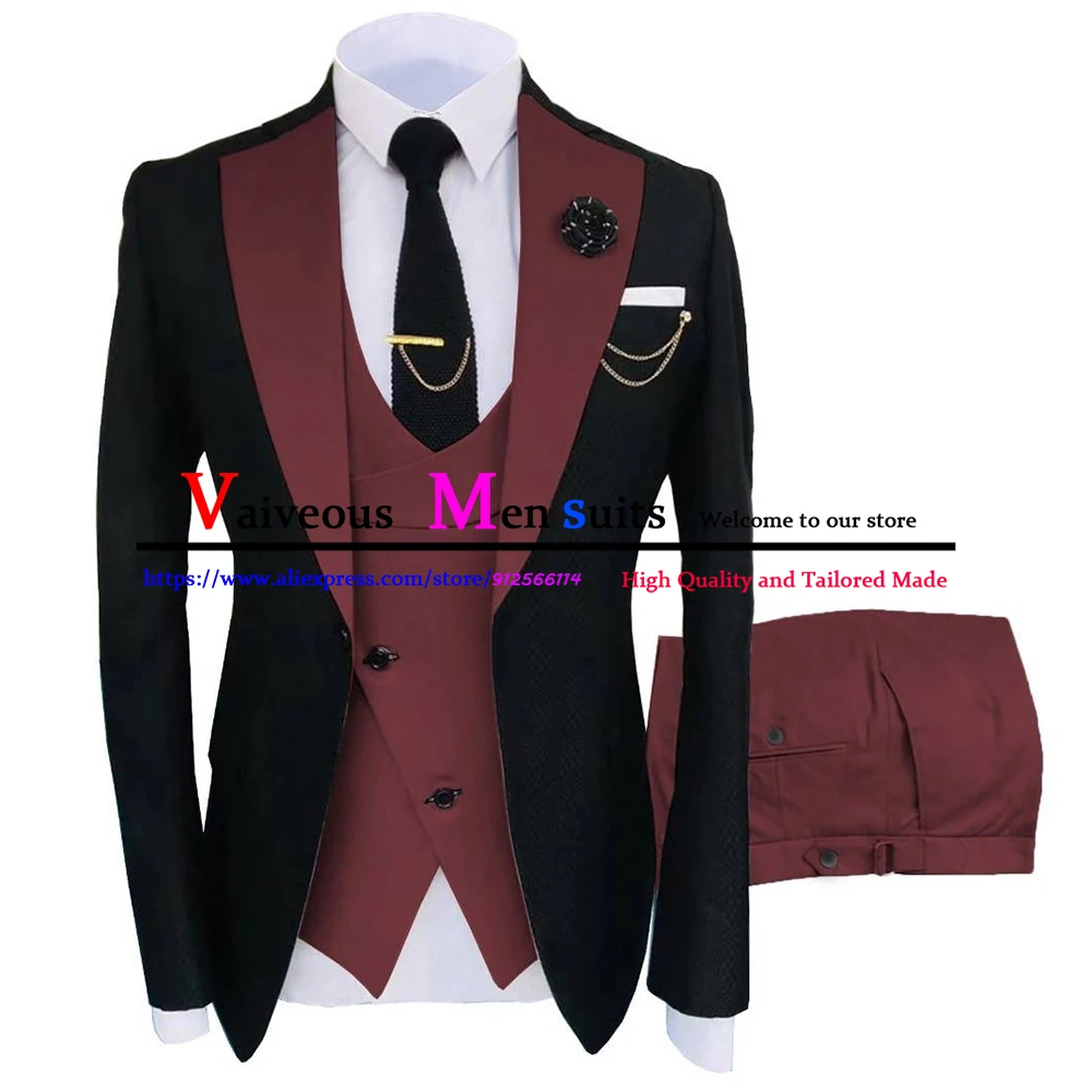 

Burgundy Peak Lapel Slim Fit Men Suits 3 Pieces (Jacket+Vest+Pants) Wedding Groom Wear Tuxedos Men Groomsmen Blazer Ropa Hombre