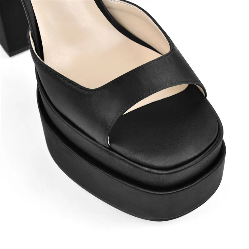 Onlymaker Women Ankle Buckle Sandals Satin Round Toe Platform Chunky High Heels Fashion Party Concise Shoes