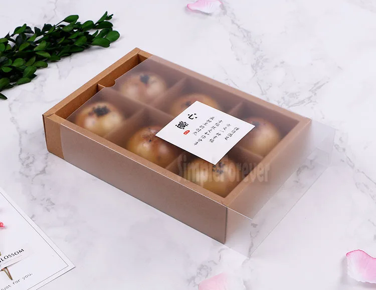 Drawer Gift Box Kraft Paper Mooncake Box with Frosted Clear Plastic Cover