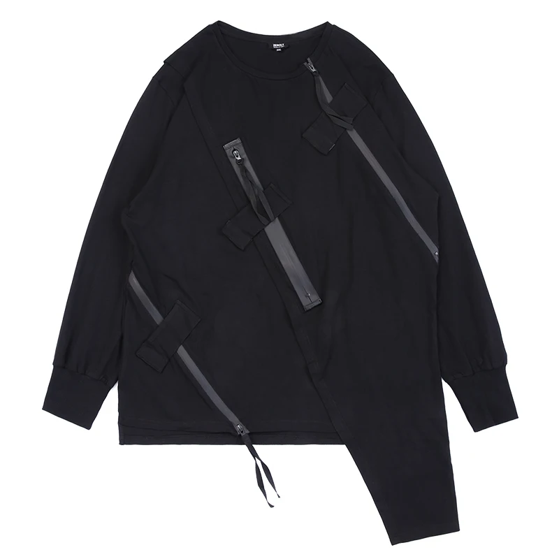 Men's new street hip hop zipper splicing long sleeve T shirt urban youth fashion loose large size T shirt
