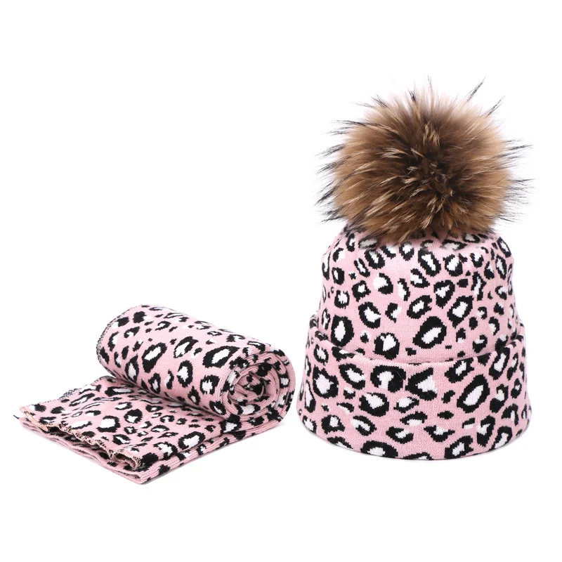 2019 Winter Leopard Crochet Beanie Hat Thick Female Women Knit Hat Beanies With Real Fur Pompon Hair Ball Warm Outdoor Girl Cap