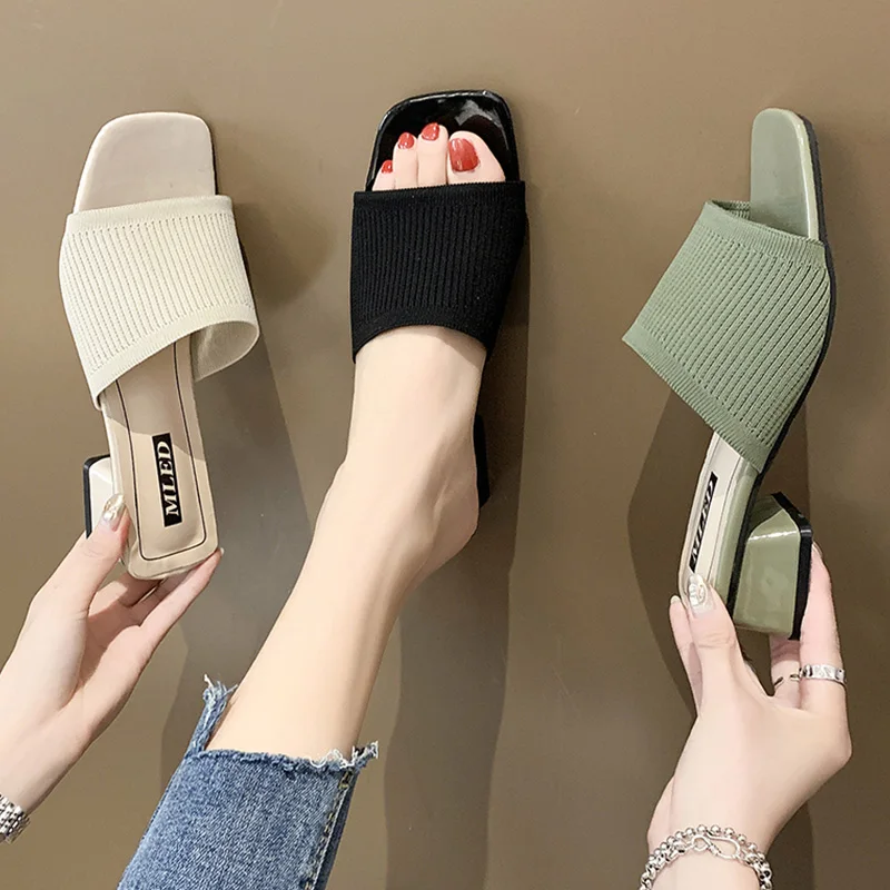 Shoes Slippers Casual Slipers Women Med Square heel Heeled Mules Shallow Slides Luxury 2025 Block High Fashion Cotton Fabric Rub