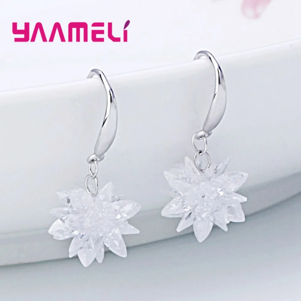 Hot Sale 925 Silver Color Earring Dazzling White Cubic Zirconia Flower Original Design Smooth Hook Woman Lady Ear Pendientes