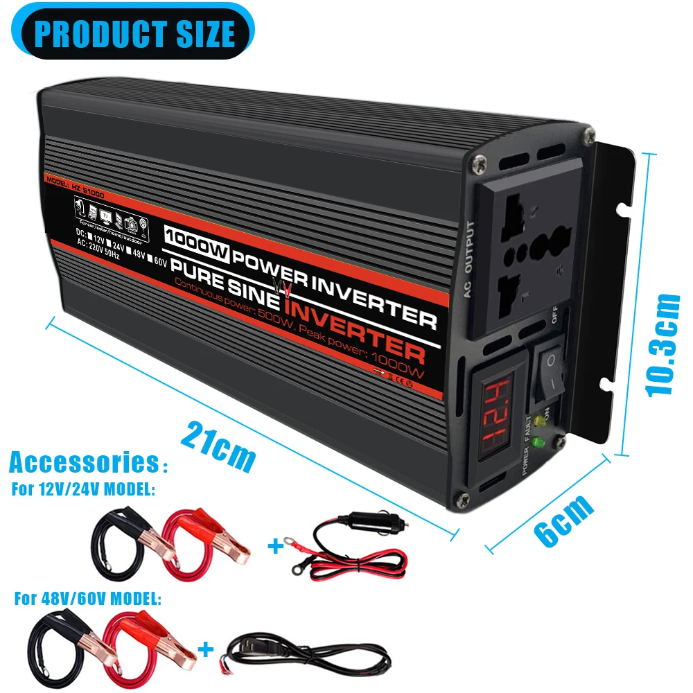 Pure Sine Wave Solar Power Inverter 12v 220v 24v/48v/60v To 220v 1000W/1800W/2000W LCD Display Univeral Socket Car Power Convert