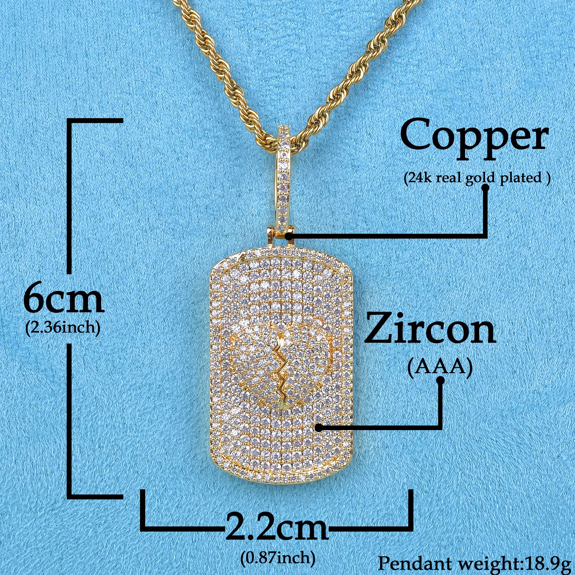 Broken Heart Rectangular Pendant For Men's Women Hip Hop Gold Color Cubic Zircon Necklace Rock Jewelry