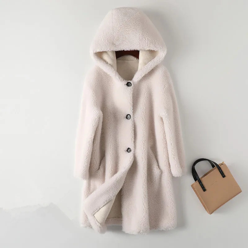 Mulheres inverno novo casaco de pele de cordeiro feminino coreano com capuz grânulo ovelha shearing jaqueta solta meados de comprimento quente outerwear senhoras h1693