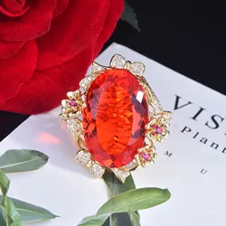 Foydjew New Luxury 20*30mm Orange Big Stone Rings Simulation Fanta Padparadscha Color Gemstone Open Adjustable Ring For Women