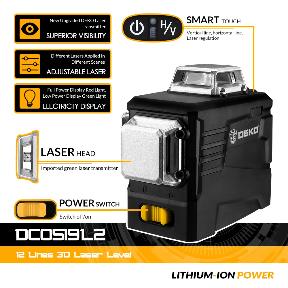 DEKO DKLL12PB2 360 Degrees Rotary 3D Laser Level Self Leveling Green Vertical Horizontal 12 Cross Lines DIY Indoor Outdoor Mode