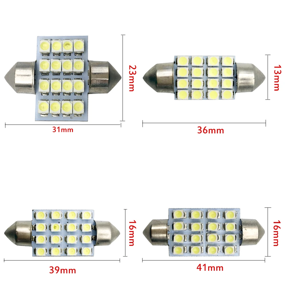 100 PCS C5W 12V DC 3528 1210 16SMD 31mm 36mm 39mm 41mm Interior Festoon Dome LED Light Bulbs Car Lights Led Roof Lights