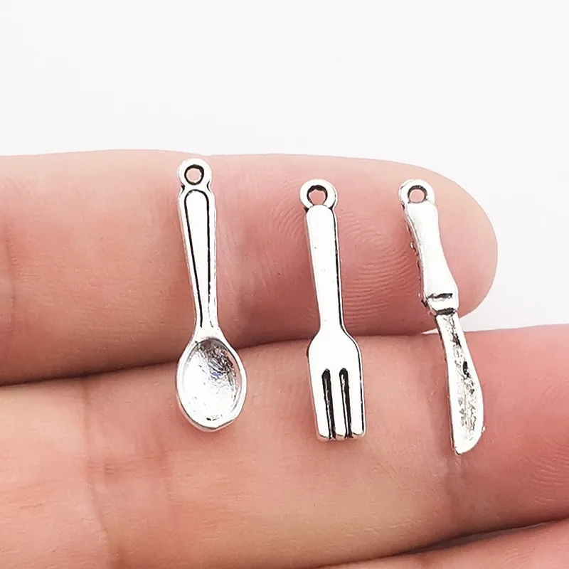 JINDINSP 30pcs Cutlery Charms Spoon Fork Steak Knife Charms Tibetan Silver Color Pendants DIY jewelry Crafts Making Findings