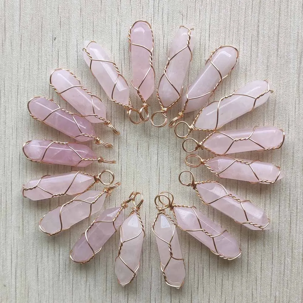 Natural pink quartz stone pillar shape handmade gold color wire pendants for jewelry making free shipping Wholesale 24pcs/lot