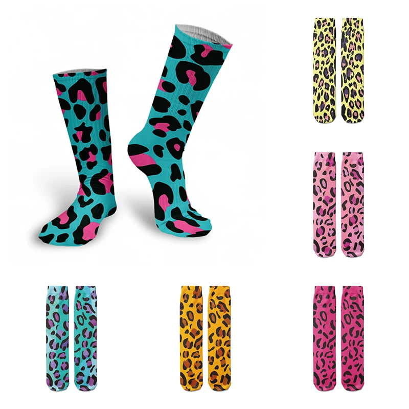 Street Leopard Print Men Women Cotton Socks Pink Spots On Blue High Ankle Bike Riding Socks Punk Leisure Skateboard Warm Socks