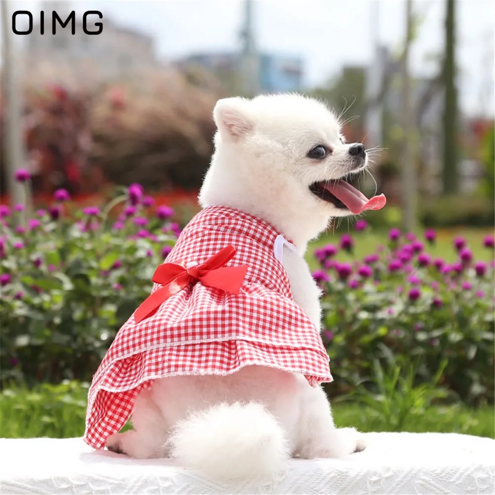 OIMG Summer Plaid Small Dog Princess Dress Pomeranian Chihuahua Bow Decoration Skirt For Dog Clothing Party Wedding Puppy Dress