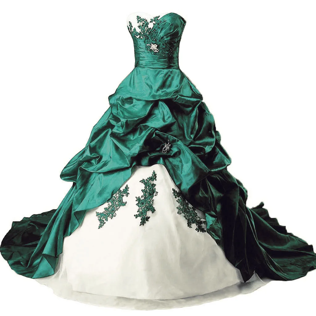 Vintage Ruched Ball Gown Wedding Dress For Women 2022 Sweetheart Long Taffeta Bridal Dresses Appliqued Lace Green And White