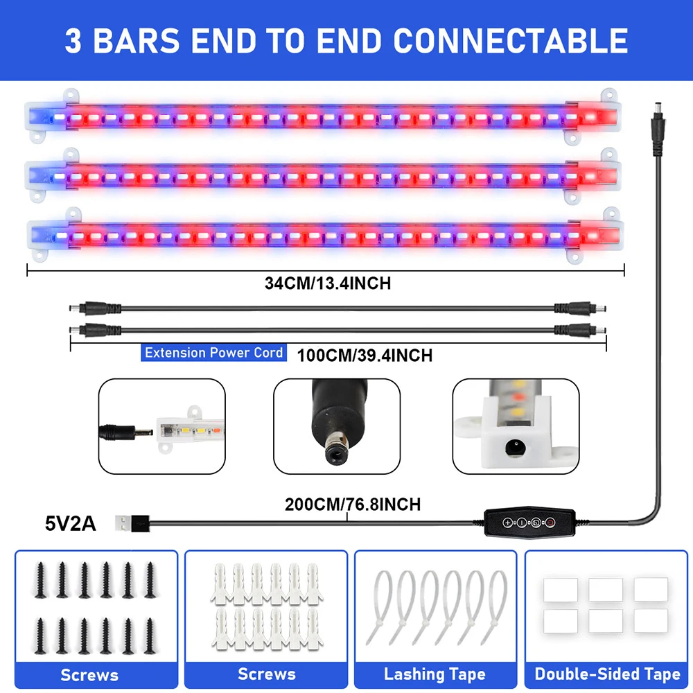 Greenhouses LED Grow Light Strips USB Red Blue Full Spectrum Plantas Lamp with Timer Dimmable Indoor Hydroponics Phytolamps