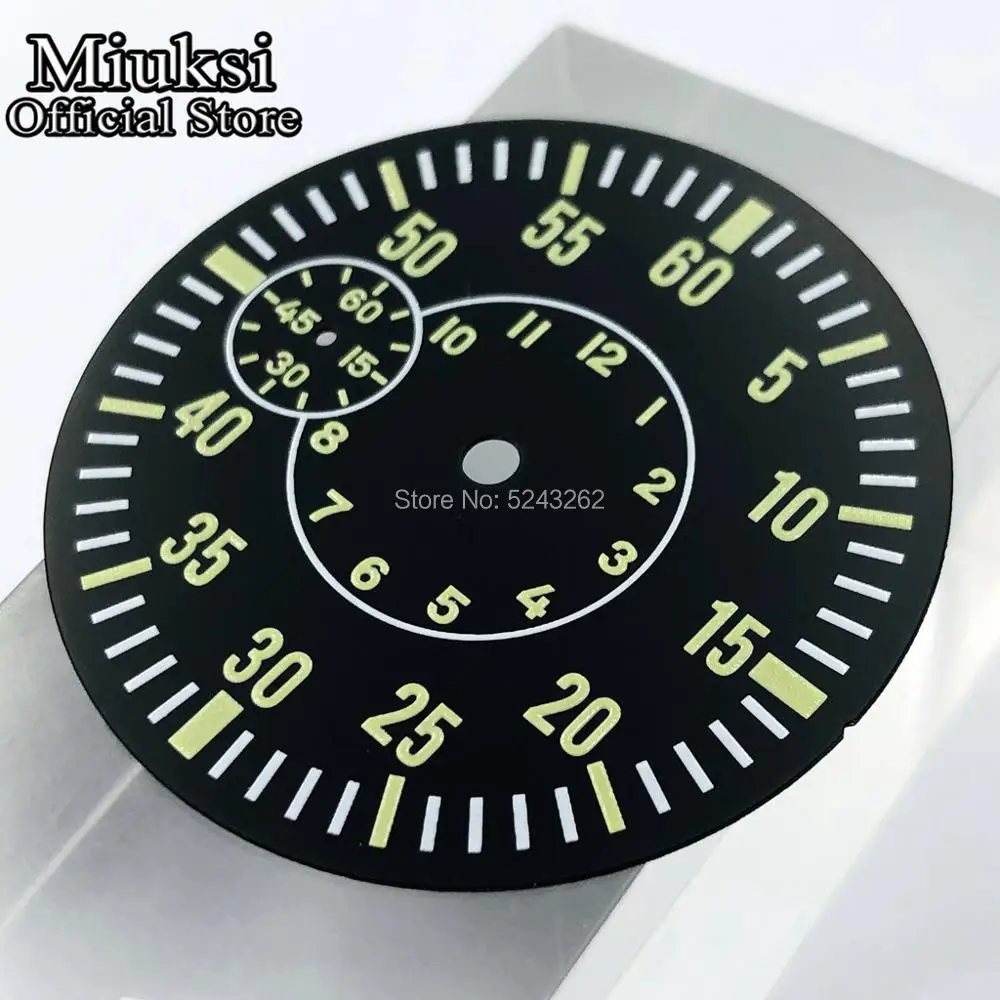 Miuksi 38.5mm black watch dial green marks luminous dial fit ETA 6497-1 6497-2 or Sea gull 3600 series movement