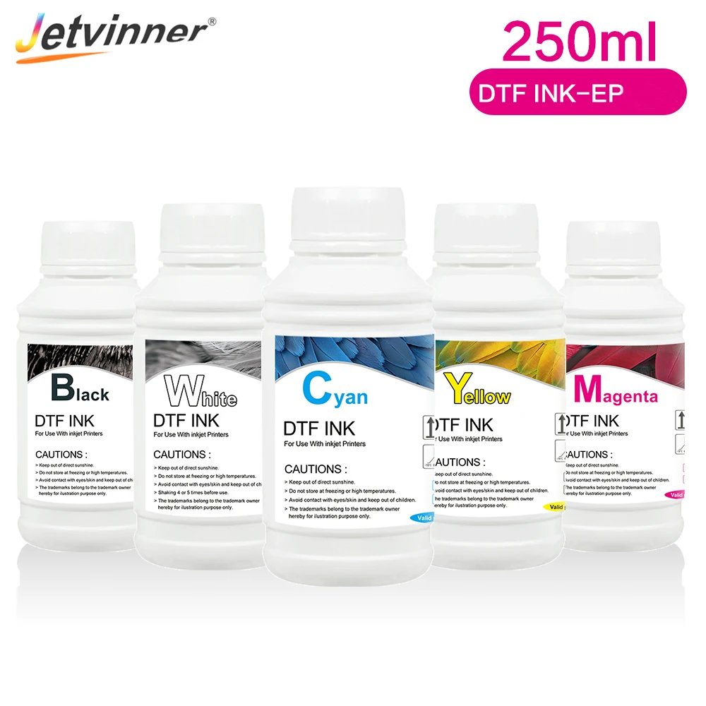 Jetvinner 250ml*5 DTF Ink Kit 5 Bottles B/W/C/Y/M PET Film Transfer Ink For Epson DTF Transfer Film Use With Inkjet Printer