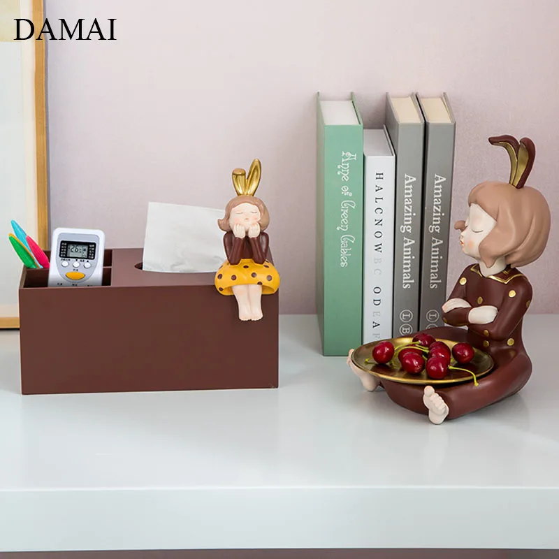 Bunny Girl Decorative Tissue Boxes Resin Seat Type Flat Paper Tube Dining Table Desktop Napkin Holder Home Decoration Modern