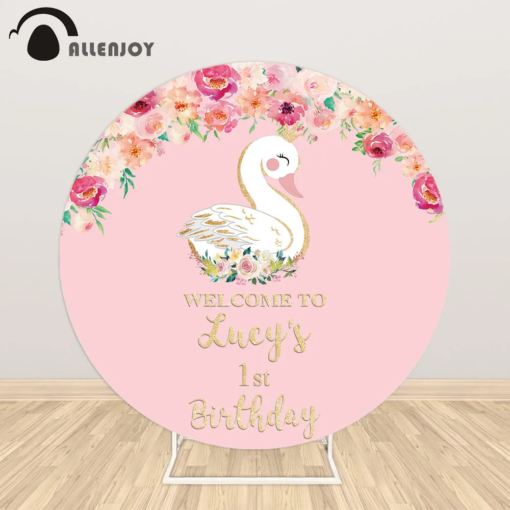 Allenjoy Swan Crown Round Background Circle Backdrops Covers 1st First Birthday Party Rose Decor Baby Shower Photocall Wallpaper