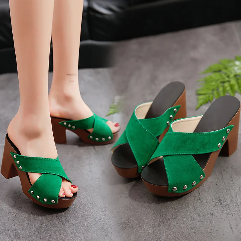 Summer Ladies Sandals Square High Heel Thick Bottom Flocking Casual Rivet Pumps Open Toe Women Elegant Ladies Shoes